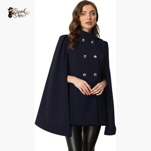 Double Breasted Cape Coat with Slit Sleeves, 90% Polyester 10% Tencel